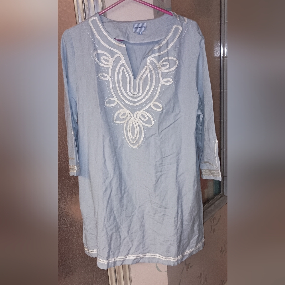 Les Canebiers St Tropez Slate Blue Tunic Size 42 White Embroidered XL